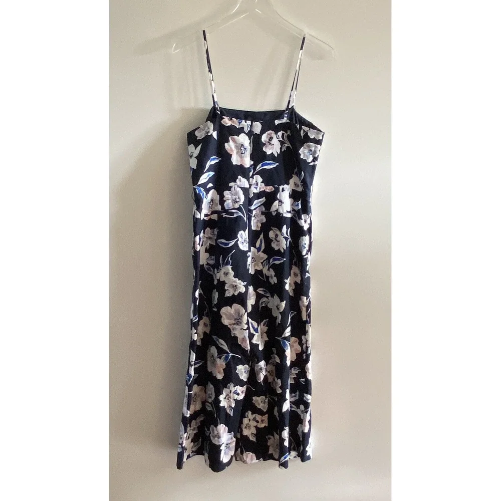 Banana Republic Navy Floral Linen Strappy Wide Leg Cropped Jumpsuit 6 426580-00